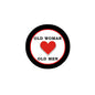 Round 2.25-inch pinback button with black border, white center, red heart and text.