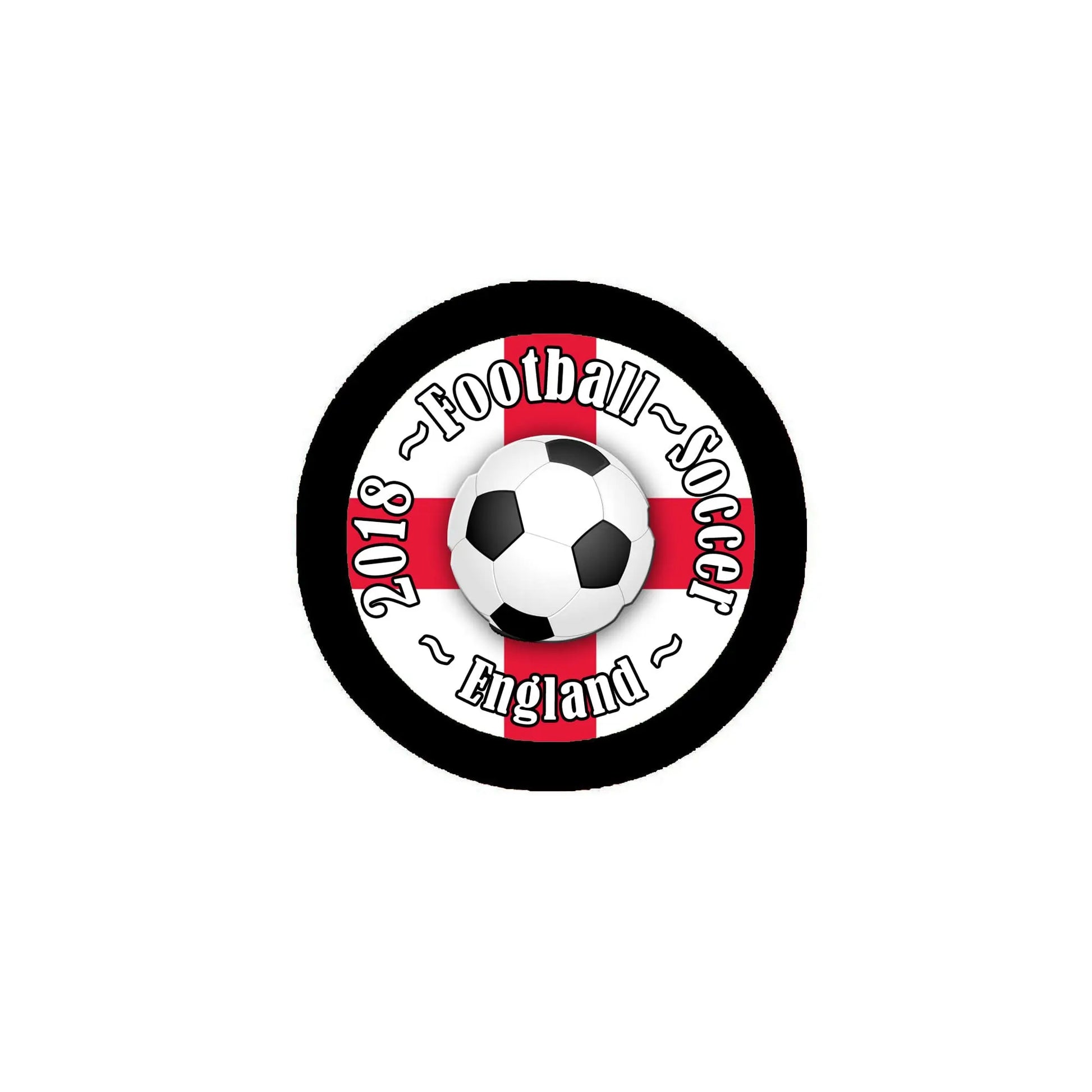 England 2018 soccer pinback badge, black ring with soccer ball and red text