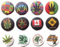 Set of 12 round pinback buttons with colorful cannabis leaf and loading-zone designs