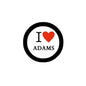 Round pinback badge: I ♥ ADAMS on white, black border, red heart