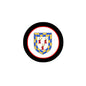 Doyle 3-inch circular coat-of-arms magnet, black border with blue shield and red accents.