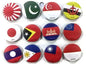 Set of round country flag lapel pins with enamel-style button faces, 1.25-inch