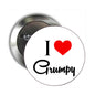 Round I ♥ Grumpy pinback badge with white face, black text, and red heart