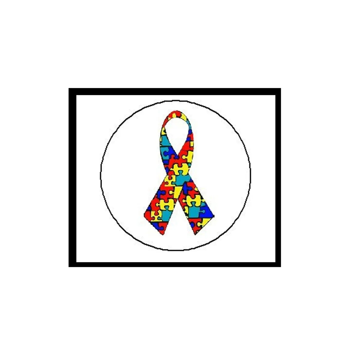 Puzzle-piece awareness ribbon pinback with multicolor ribbon, round badge design