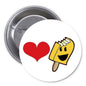 Round pinback button with red heart and smiling yellow popsicle graphic