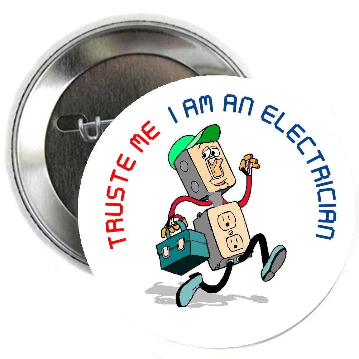 Round button brooch badge with cartoon electrician and colorful text