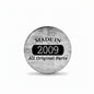 Round gray pinback button with 'MADE IN 2009' and 'All Original Parts' text