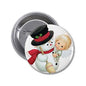 Round pinback button badge with cartoon snowman in red scarf and angel child.
