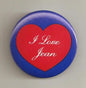 1.25-inch pinback button with blue frame and red heart reading 'I Love Jean'