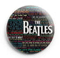 Round Beatles pinback badge with large BEATLES lettering in teal and purple