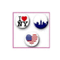 Set of three pinback buttons with I heart NY, skyline, and heart American flag