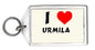 Personalized acrylic keychain with metal ring, 'I ♥ URMILA' card face