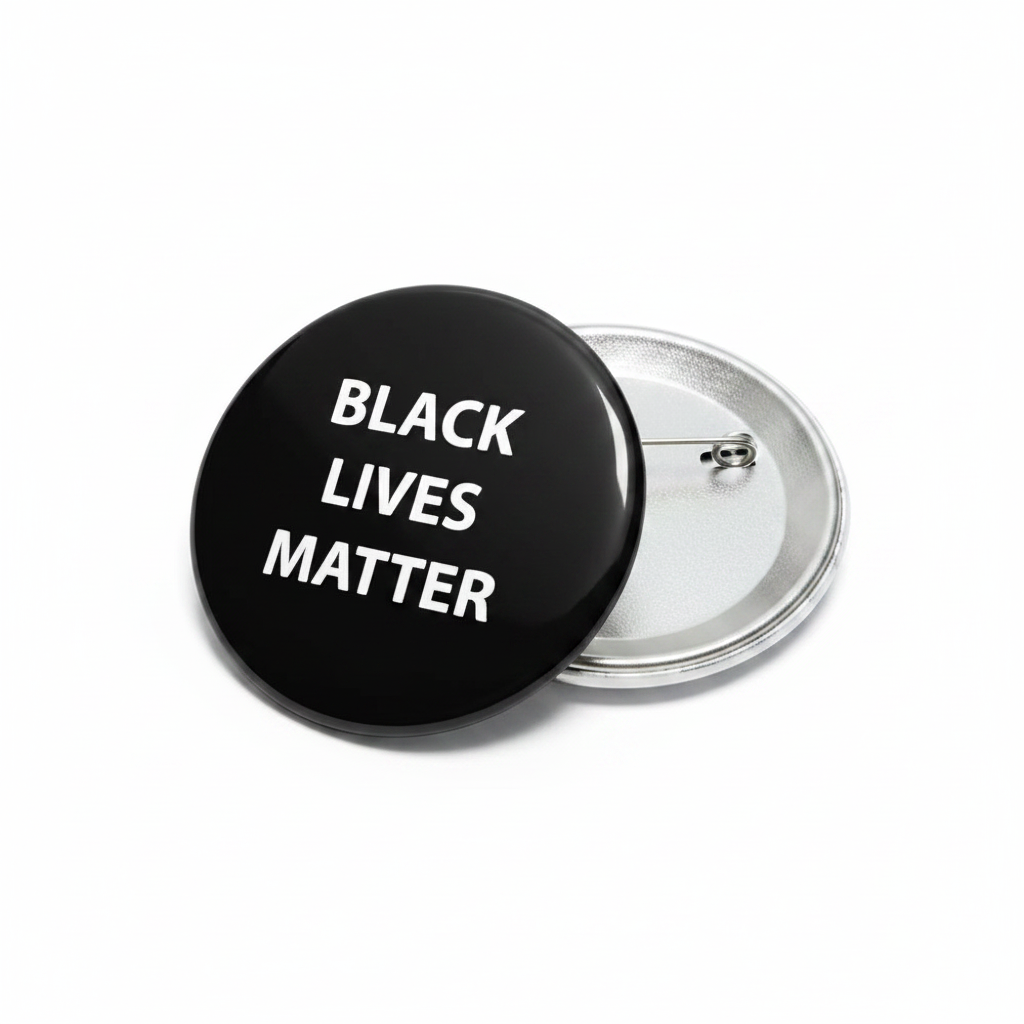 Black Lives Matter pinback with silver back and pin clasp, black face with white text.