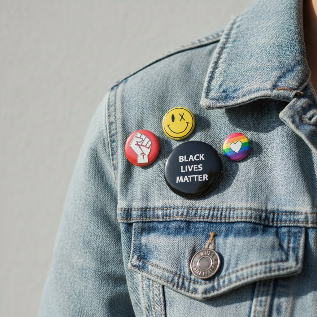 Pin set on denim jacket: black 'BLACK LIVES MATTER' pin among round enamel buttons.