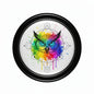 Circular black pinback button with colorful owl tattoo design