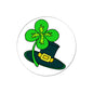 St. Patrick pinback button with green shamrock and dark green hat with gold buckle