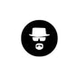 2.25-inch pinback button brooch: black circle with white hat, sunglasses, and face graphic
