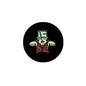 2.25-inch Frankenstein pinback button with green stitched monster face on black circle