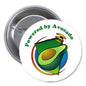 Round avocado pinback button with 'Powered by Avocado' text and avocado graphic