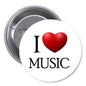 1.25-inch pinback button with 'I Love Music' text and a red heart design
