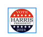 Round political campaign pin with red and blue stars and text "VOTE HARRIS PRESIDENT 2024"