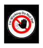 Round pinback badge: no-petting hand icon, red ring, white face with black text.