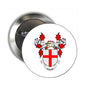 Round pinback badge with white shield, red cross, and red leaf crest