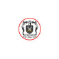 Round coat of arms pinback badge with shield, crossed swords, and crest inside red border