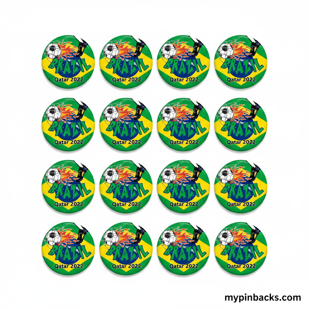 Set of 12 Brazil Qatar 2022 soccer pinback buttons, green circular design with ball and logo
