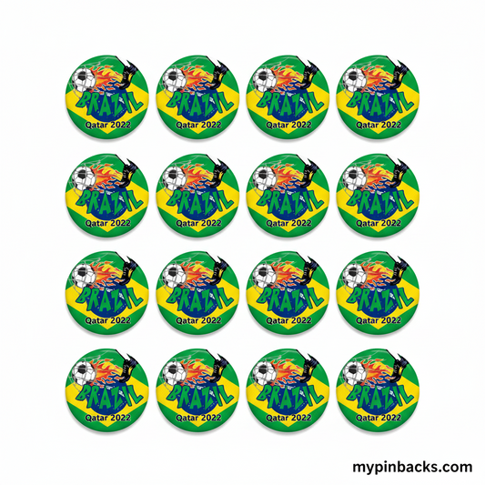 Set of 12 Brazil Qatar 2022 soccer pinback buttons, green circular design with ball and logo