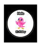 Pink round pin-back badge with bird and text 'Hello' and 'it's Friday'