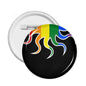 Round pin badge with black background and multicolor flame rainbow design