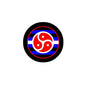 Round BDSM pride enamel pin with black rim, red triskelion yin-yang and rainbow stripes
