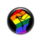 Pride rainbow fist pinback button badge with black border, round 1.99 in (38mm)