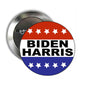 Round BIDEN HARRIS pinback button with red, white, and blue stripes and stars