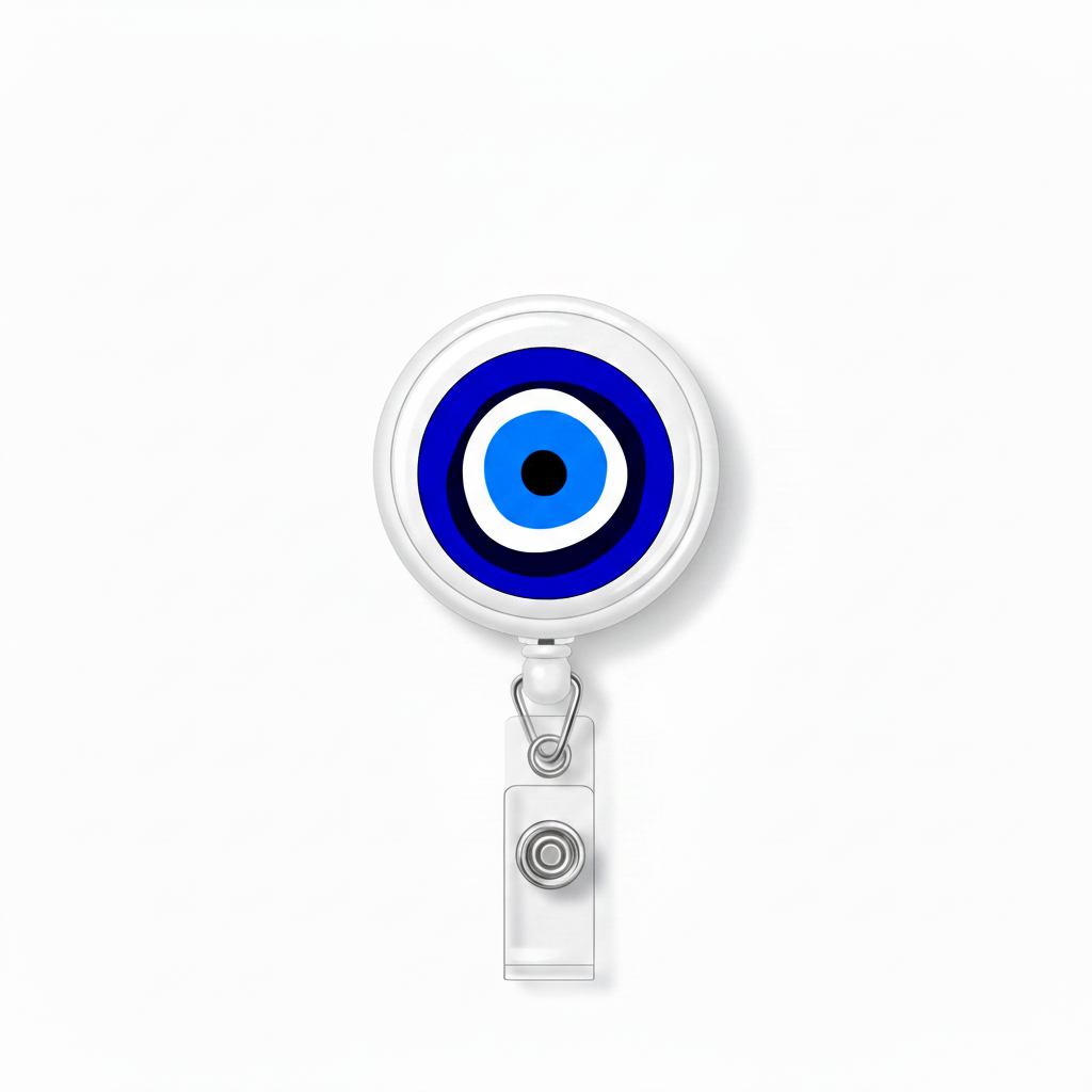 Retractable badge reel with blue evil eye emblem and clear clip casing