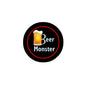 Round beer monster pinback button, black with red outline, beer mug icon and white text
