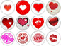 Love heart stamp pinback buttons set, 12 heart icons with varied colors and designs
