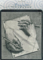 Drawing hands mousepad with vintage-style sketch illustration, square design, dark border