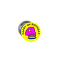 Round pinback button with yellow background, purple “Happy 4th Birthday” text and cake