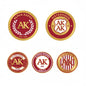 Set of five circular pinback buttons with gold and red Alpha Kappa AK designs