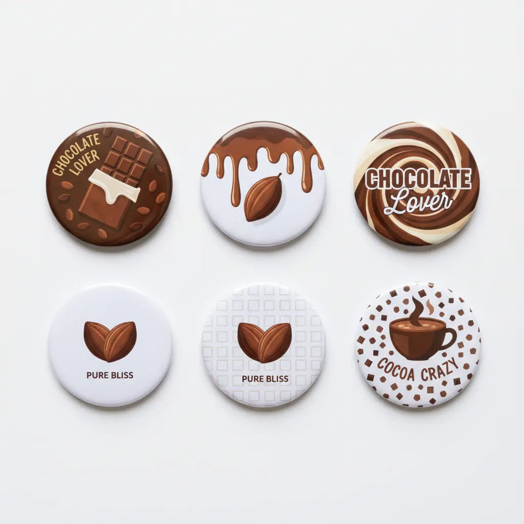 Set of chocolate-themed pinback buttons, round brown designs and sayings, 1.25-inch