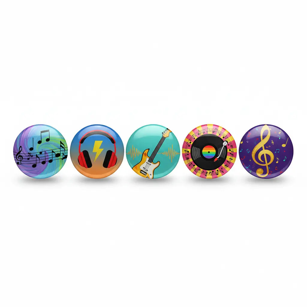 Set of 5 round music-themed pinback buttons with notes, guitar, vinyl, lightning, treble clef
