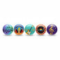Set of 5 round music-themed pinback buttons with notes, guitar, vinyl, lightning, treble clef