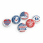 Set of five round enamel-style lapel pins with patriotic and pro-life text designs