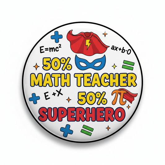 50 percent Math Teacher 50% Super Hero Pinback 2.25-inch