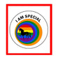 Round pinback button with “I AM SPECIAL” text, rainbow rings, and unicorn silhouette
