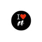 Round black badge pin with I heart and white theater masks