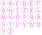 Pink uppercase alphabet A–Z pinback buttons with letters A to Z
