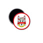Round Thorne family crest pinback badge with red rim and coat of arms emblem